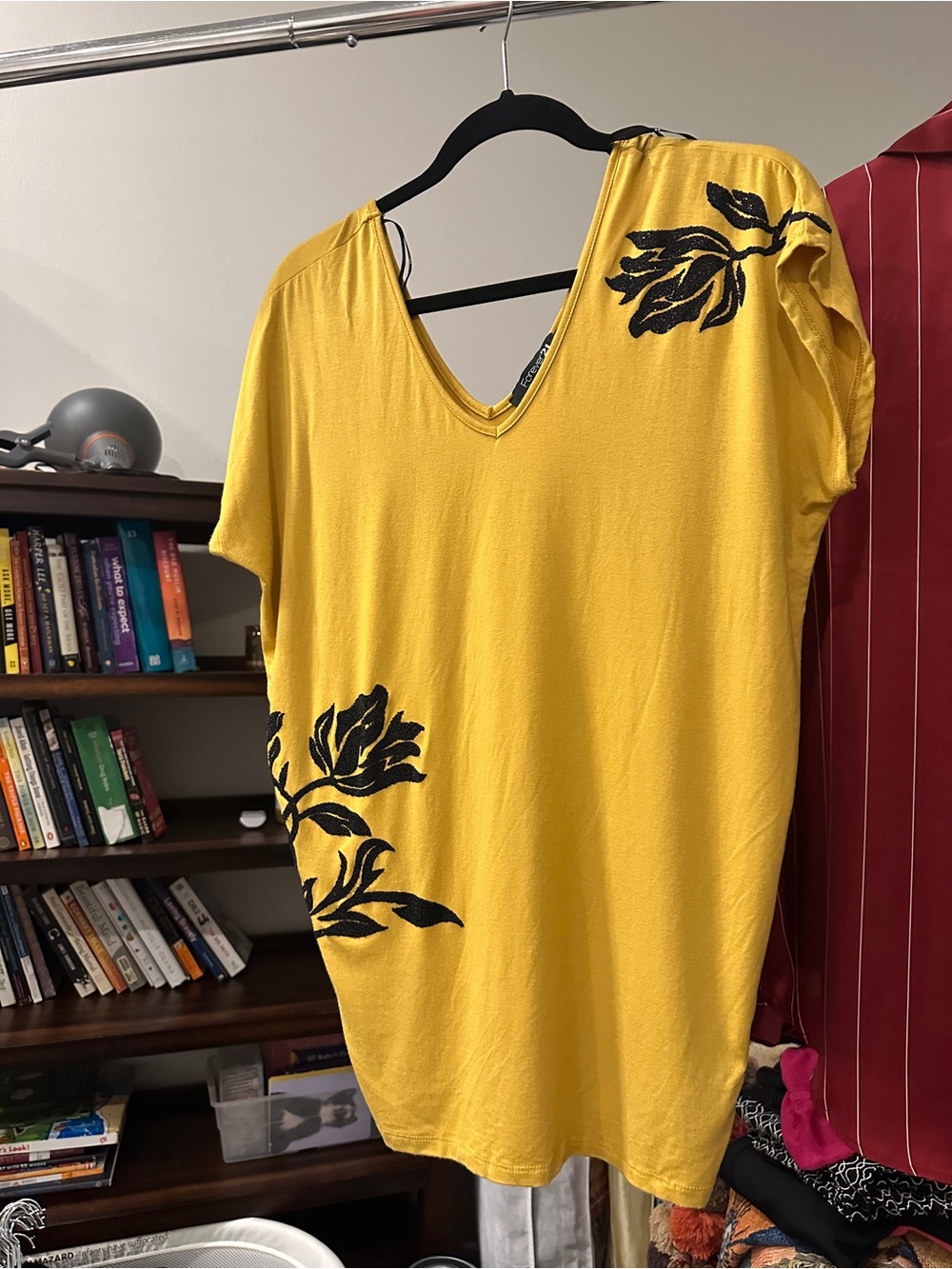 Forever 21 Yellow V-Neck Tunic with Black Floral Accents